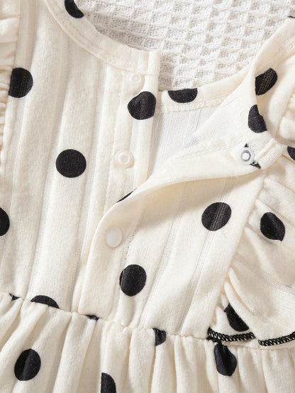 0-9 Months Newborn Baby Girl Black & White Polka Dot Bow Long Sleeve Dress, Ribbed Knit Ruffle Hem Princess Dress, Autumn/Winter Layering Outfit For Photos, Outings And Gifts