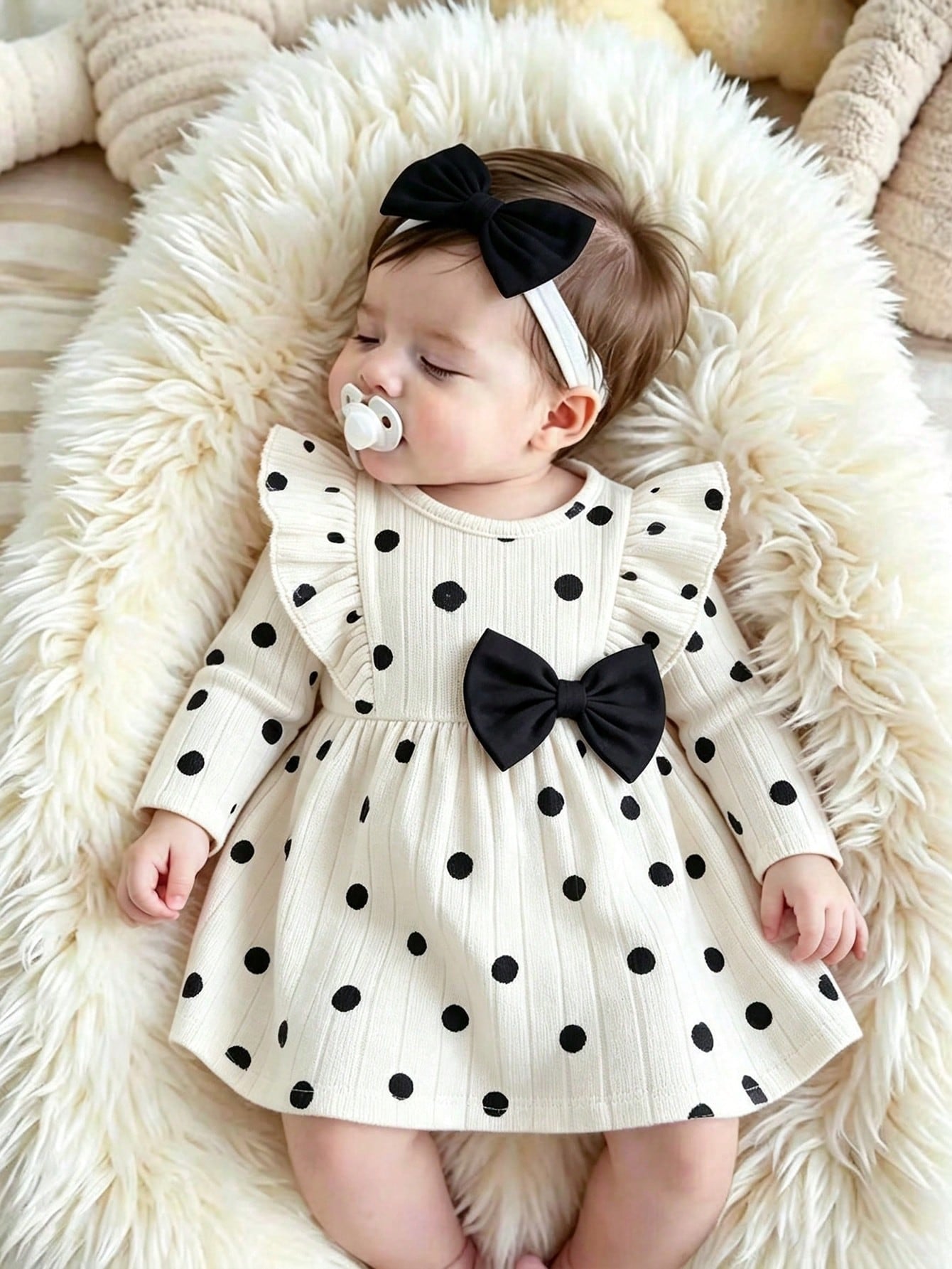 0-9 Months Newborn Baby Girl Black & White Polka Dot Bow Long Sleeve Dress, Ribbed Knit Ruffle Hem Princess Dress, Autumn/Winter Layering Outfit For Photos, Outings And Gifts