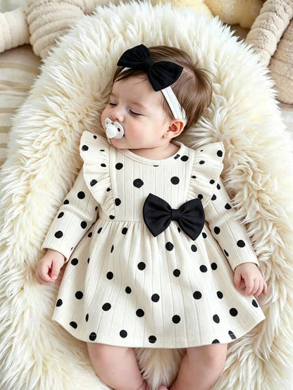 0-9 Months Newborn Baby Girl Black & White Polka Dot Bow Long Sleeve Dress, Ribbed Knit Ruffle Hem Princess Dress, Autumn/Winter Layering Outfit For Photos, Outings And Gifts