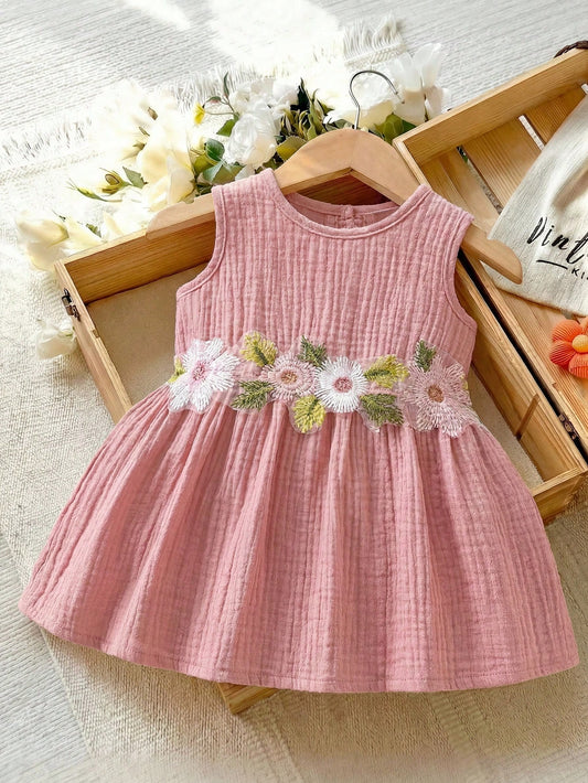 0-9M Newborn Baby Girls' Cute Floral Embroidered Sleeveless Cotton Dress, Suitable For Spring/Summer Vacation, Party, Photoshoot, School
