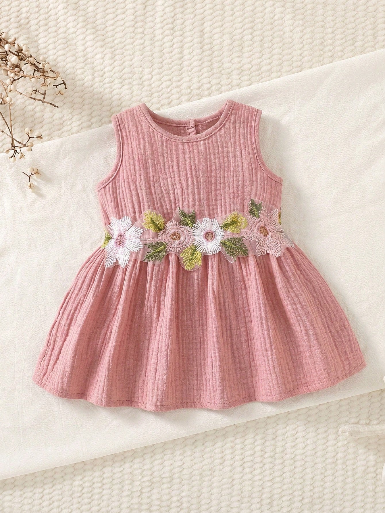 0-9M Newborn Baby Girls' Cute Floral Embroidered Sleeveless Cotton Dress, Suitable For Spring/Summer Vacation, Party, Photoshoot, School