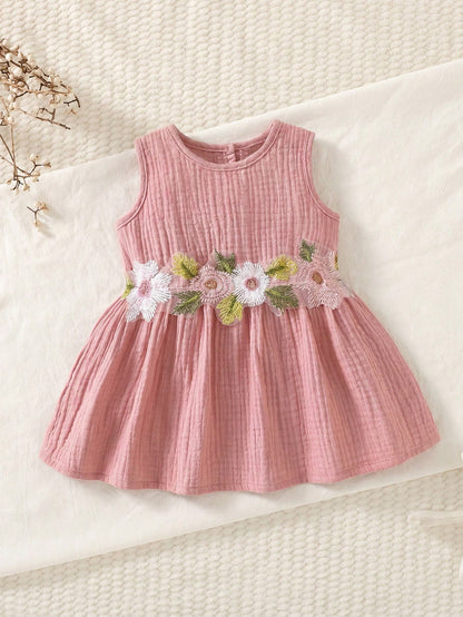 0-9M Newborn Baby Girls' Cute Floral Embroidered Sleeveless Cotton Dress, Suitable For Spring/Summer Vacation, Party, Photoshoot, School