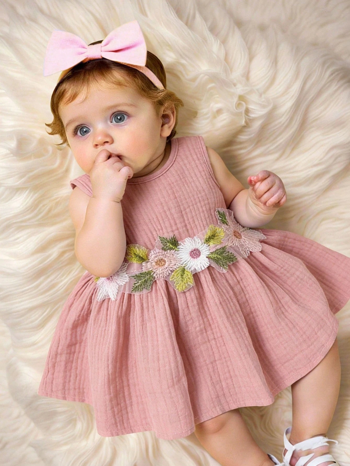 0-9M Newborn Baby Girls' Cute Floral Embroidered Sleeveless Cotton Dress, Suitable For Spring/Summer Vacation, Party, Photoshoot, School