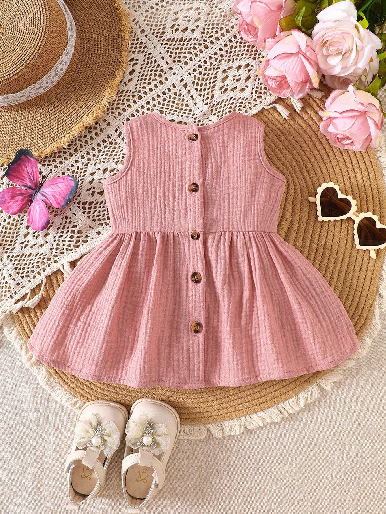 0-9M Newborn Baby Girls' Cute Floral Embroidered Sleeveless Cotton Dress, Suitable For Spring/Summer Vacation, Party, Photoshoot, School