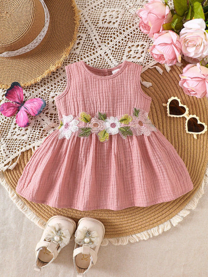 0-9M Newborn Baby Girls' Cute Floral Embroidered Sleeveless Cotton Dress, Suitable For Spring/Summer Vacation, Party, Photoshoot, School