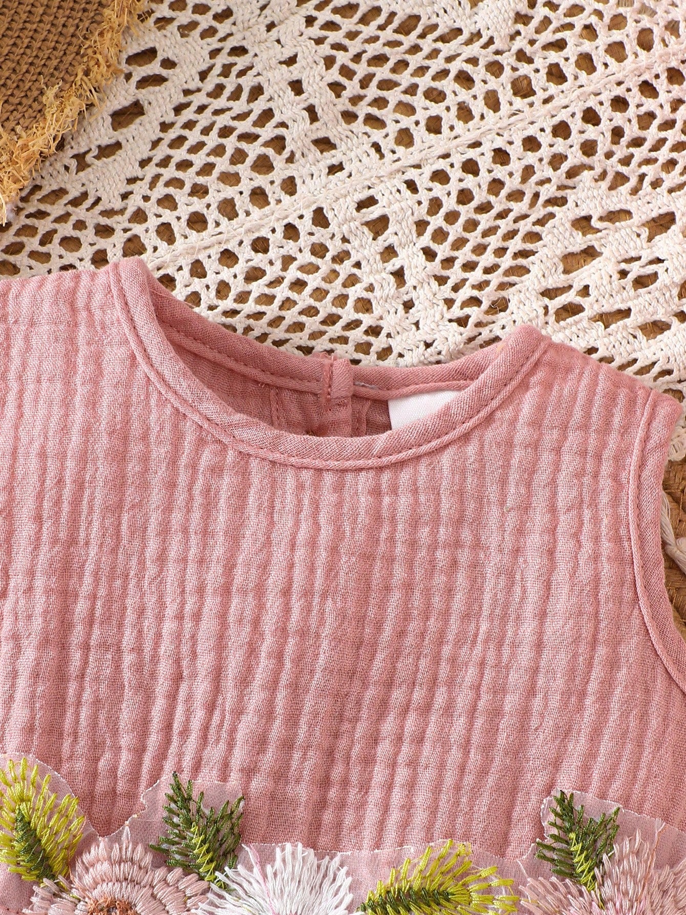 0-9M Newborn Baby Girls' Cute Floral Embroidered Sleeveless Cotton Dress, Suitable For Spring/Summer Vacation, Party, Photoshoot, School