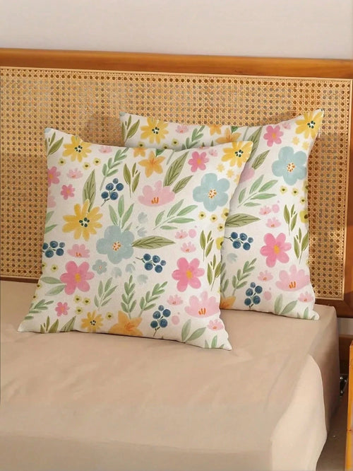 1/2/4 Pcs Spring Floral Watercolor Print Pillow Covers, Featuring Yellow, Pink And Blue Flowers And Leaves. These Floral Pillow Covers Are Perfect For Spring And Summer, Ideal For Farmhouse Style Outd