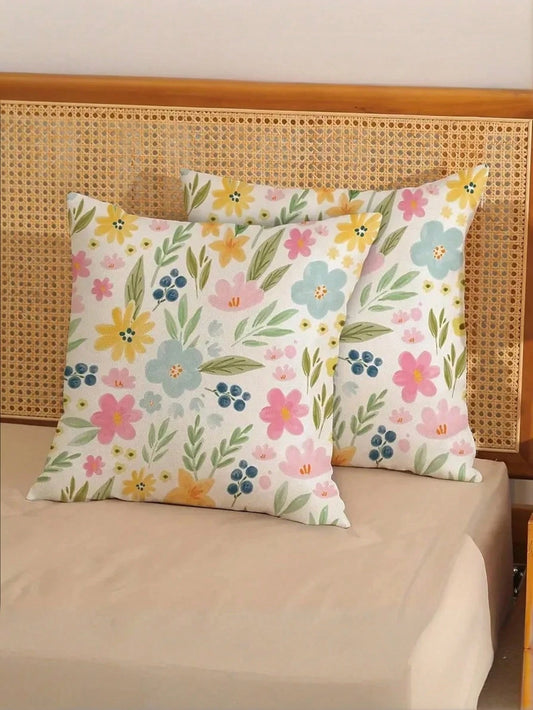 1/2/4 Pcs Spring Floral Watercolor Print Pillow Covers, Featuring Yellow, Pink And Blue Flowers And Leaves. These Floral Pillow Covers Are Perfect For Spring And Summer, Ideal For Farmhouse Style Outd