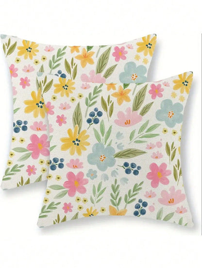 1/2/4 Pcs Spring Floral Watercolor Print Pillow Covers, Featuring Yellow, Pink And Blue Flowers And Leaves. These Floral Pillow Covers Are Perfect For Spring And Summer, Ideal For Farmhouse Style Outd