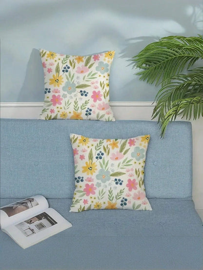 1/2/4 Pcs Spring Floral Watercolor Print Pillow Covers, Featuring Yellow, Pink And Blue Flowers And Leaves. These Floral Pillow Covers Are Perfect For Spring And Summer, Ideal For Farmhouse Style Outd
