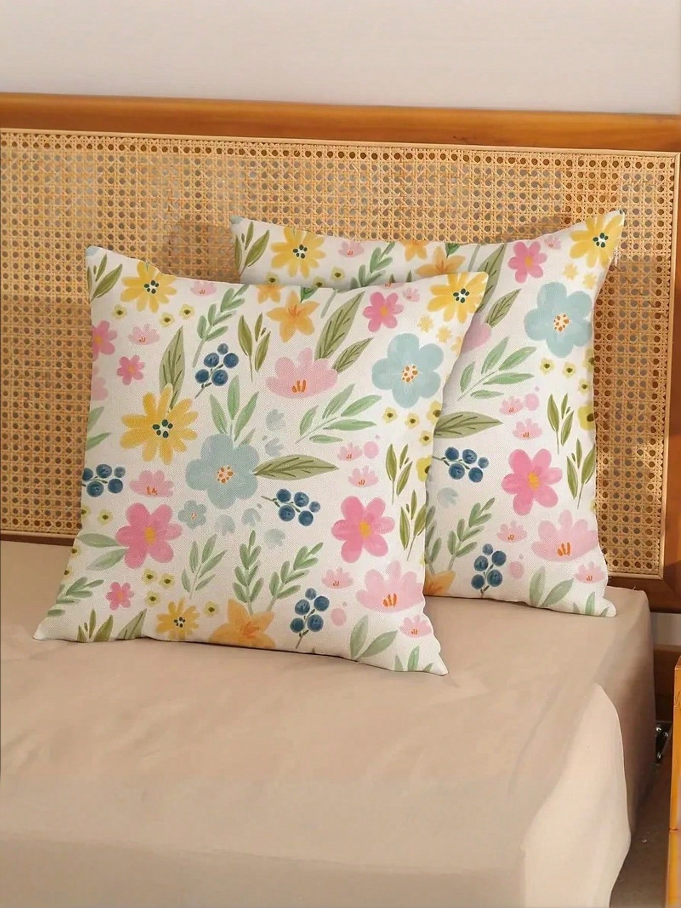 1/2/4 Pcs Spring Floral Watercolor Print Pillow Covers, Featuring Yellow, Pink And Blue Flowers And Leaves. These Floral Pillow Covers Are Perfect For Spring And Summer, Ideal For Farmhouse Style Outd