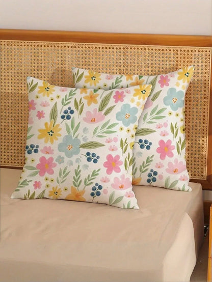 1/2/4 Pcs Spring Floral Watercolor Print Pillow Covers, Featuring Yellow, Pink And Blue Flowers And Leaves. These Floral Pillow Covers Are Perfect For Spring And Summer, Ideal For Farmhouse Style Outd
