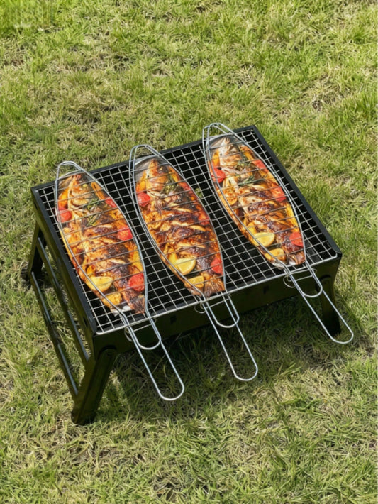 1/2/4pcs 42cm/16.5inch Portable Fish Grill Rack With Long Handle Grilling Basket, Sturdy And Durable Structure, Perfect For Grilling Whole Fish, Fish Fillets, Seafood, Vegetables, Ideal For Outdoor BB