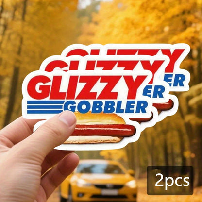 1/2/5pcs Funny "Glizzy Gobbler" Hot Dog Stickers, Vintage Red & Blue Text Waterproof Vinyl Decals, Suitable For Car Windows, Laptops, Water Bottles, Cups, Phone Cases, Helmets, Street Food Themed Deco