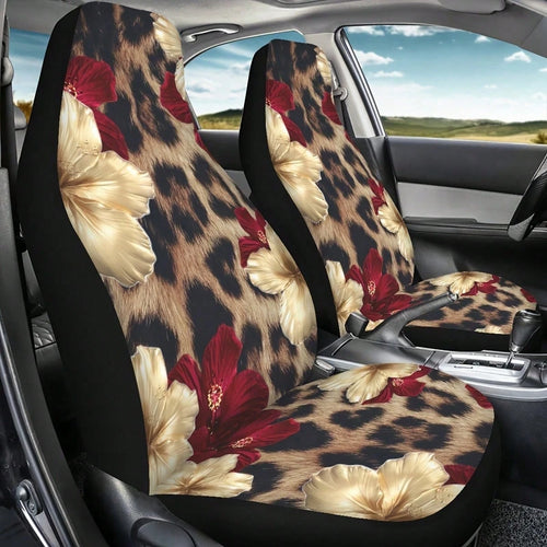 1/2 Pcs Leopard Print Hibiscus Floral Car Seat Covers, Universal Fit, Breathable & Comfortable, Easy To Install & Clean, All-Round Seat Protection, Gold Red Flower Pattern, Automotive Seat Protector F