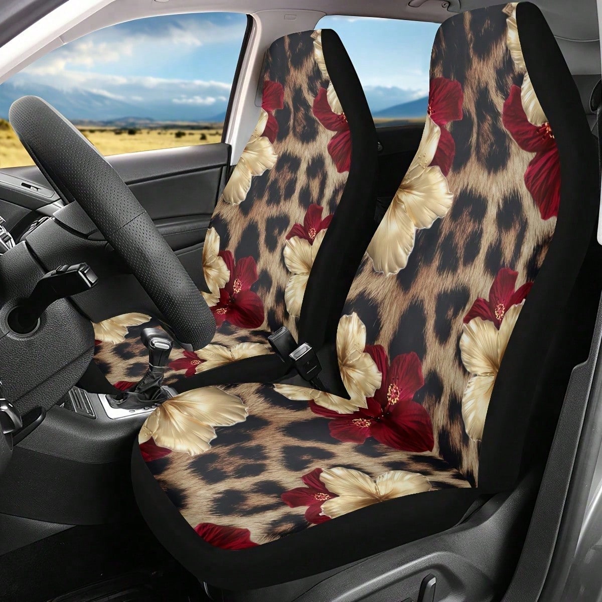 1/2 Pcs Leopard Print Hibiscus Floral Car Seat Covers, Universal Fit, Breathable & Comfortable, Easy To Install & Clean, All-Round Seat Protection, Gold Red Flower Pattern, Automotive Seat Protector F