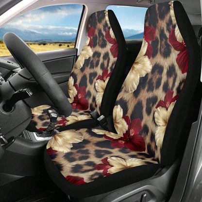 1/2 Pcs Leopard Print Hibiscus Floral Car Seat Covers, Universal Fit, Breathable & Comfortable, Easy To Install & Clean, All-Round Seat Protection, Gold Red Flower Pattern, Automotive Seat Protector F