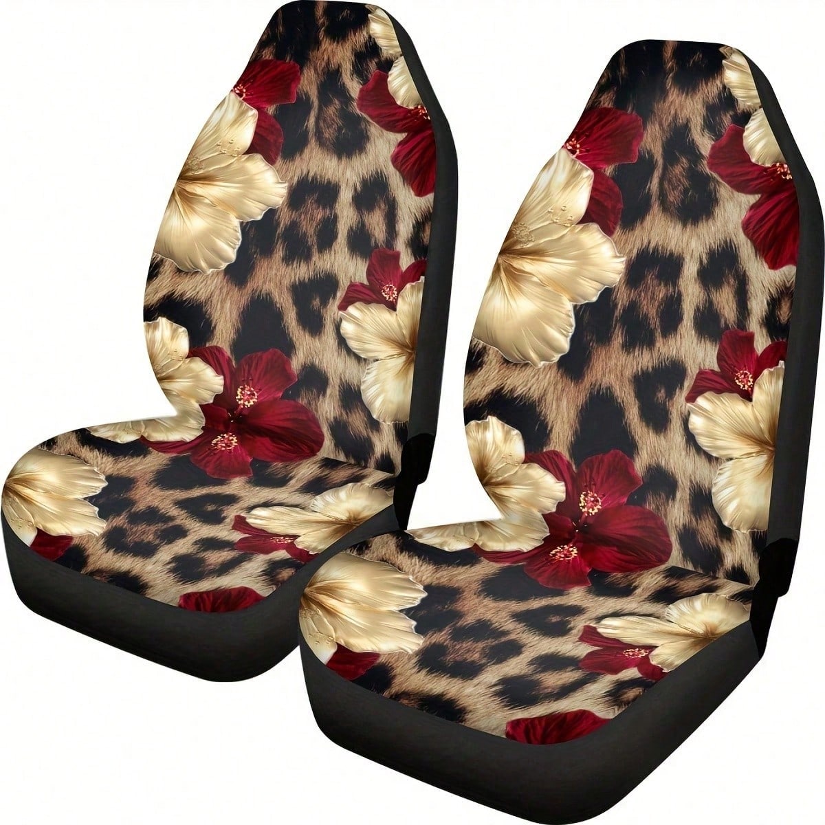 1/2 Pcs Leopard Print Hibiscus Floral Car Seat Covers, Universal Fit, Breathable & Comfortable, Easy To Install & Clean, All-Round Seat Protection, Gold Red Flower Pattern, Automotive Seat Protector F