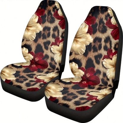 1/2 Pcs Leopard Print Hibiscus Floral Car Seat Covers, Universal Fit, Breathable & Comfortable, Easy To Install & Clean, All-Round Seat Protection, Gold Red Flower Pattern, Automotive Seat Protector F