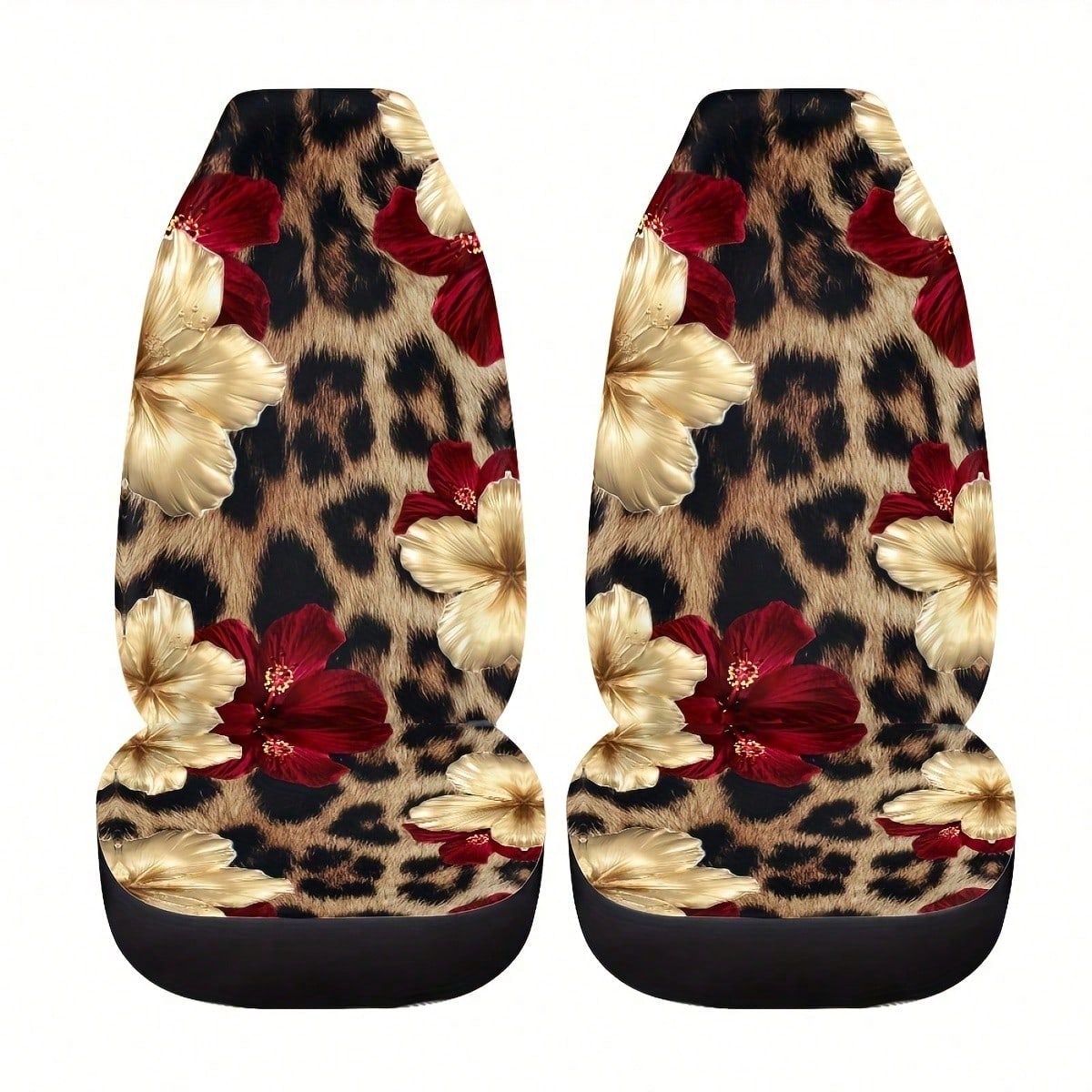 1/2 Pcs Leopard Print Hibiscus Floral Car Seat Covers, Universal Fit, Breathable & Comfortable, Easy To Install & Clean, All-Round Seat Protection, Gold Red Flower Pattern, Automotive Seat Protector F