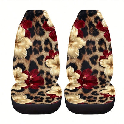 1/2 Pcs Leopard Print Hibiscus Floral Car Seat Covers, Universal Fit, Breathable & Comfortable, Easy To Install & Clean, All-Round Seat Protection, Gold Red Flower Pattern, Automotive Seat Protector F