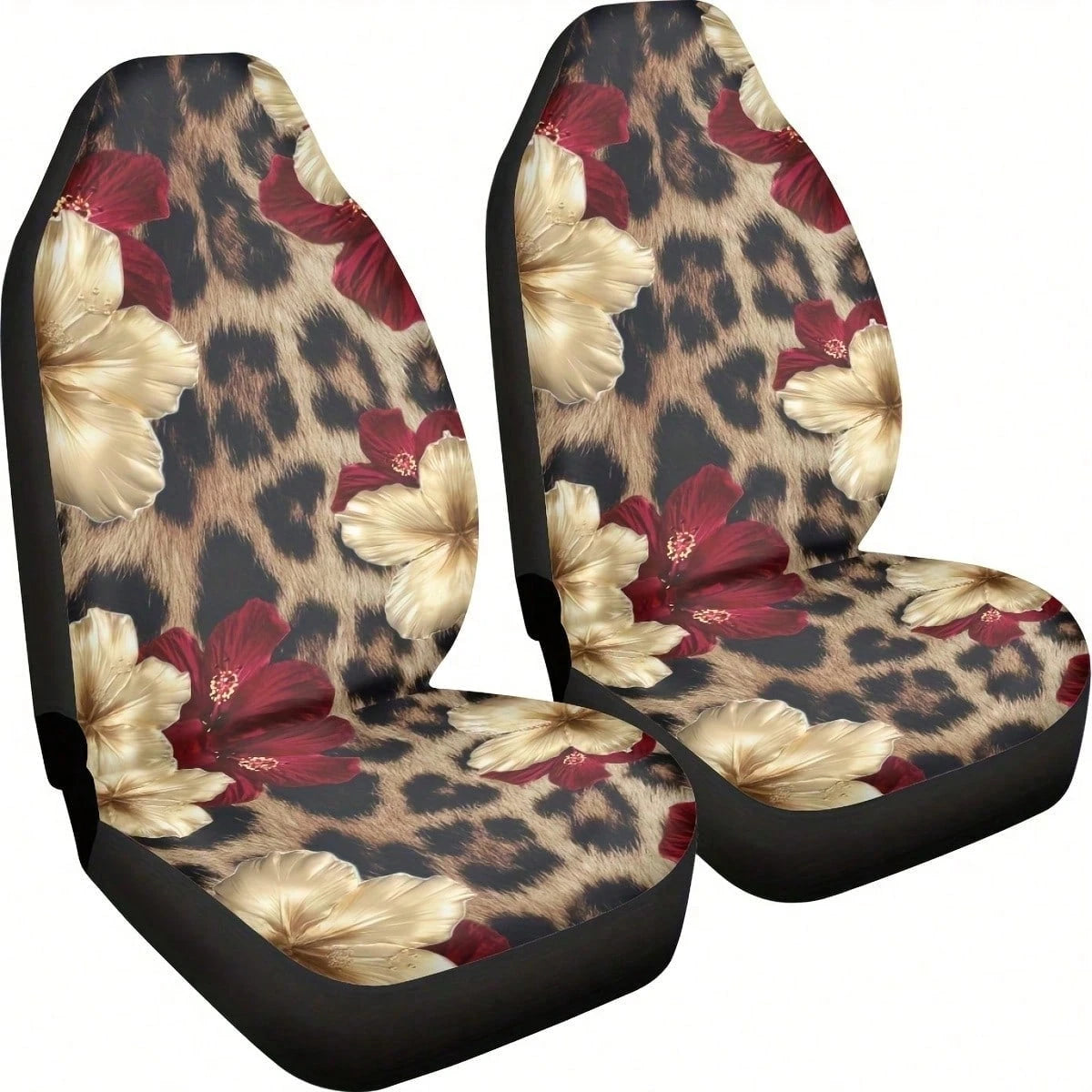 1/2 Pcs Leopard Print Hibiscus Floral Car Seat Covers, Universal Fit, Breathable & Comfortable, Easy To Install & Clean, All-Round Seat Protection, Gold Red Flower Pattern, Automotive Seat Protector F