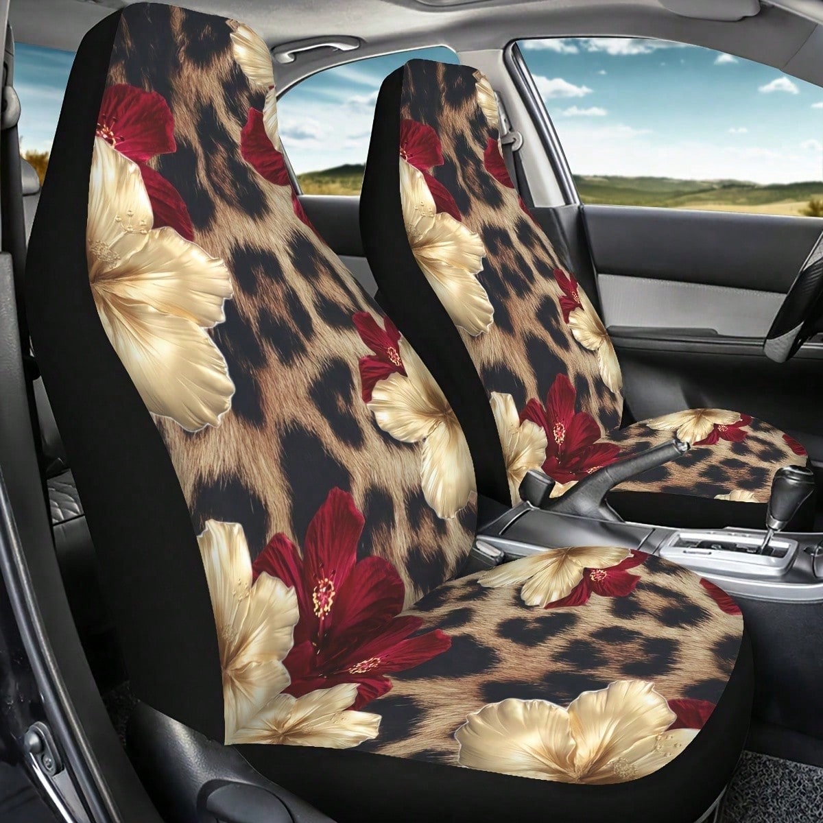 1/2 Pcs Leopard Print Hibiscus Floral Car Seat Covers, Universal Fit, Breathable & Comfortable, Easy To Install & Clean, All-Round Seat Protection, Gold Red Flower Pattern, Automotive Seat Protector F