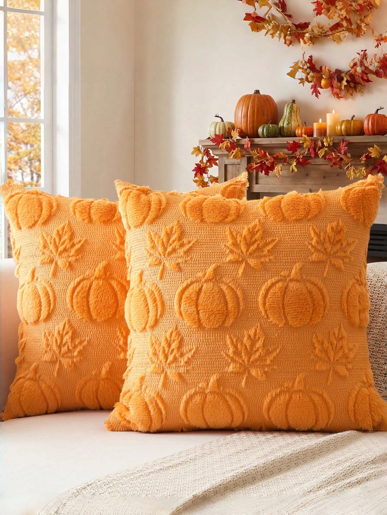 1/2pcs Autumn Pumpkin Maple Leaf Decorative Pillow Covers, 18x18 Inch Soft Faux Fur Jacquard Square Cushion Covers, Suitable For Sofa, Bedroom, Patio, Orange