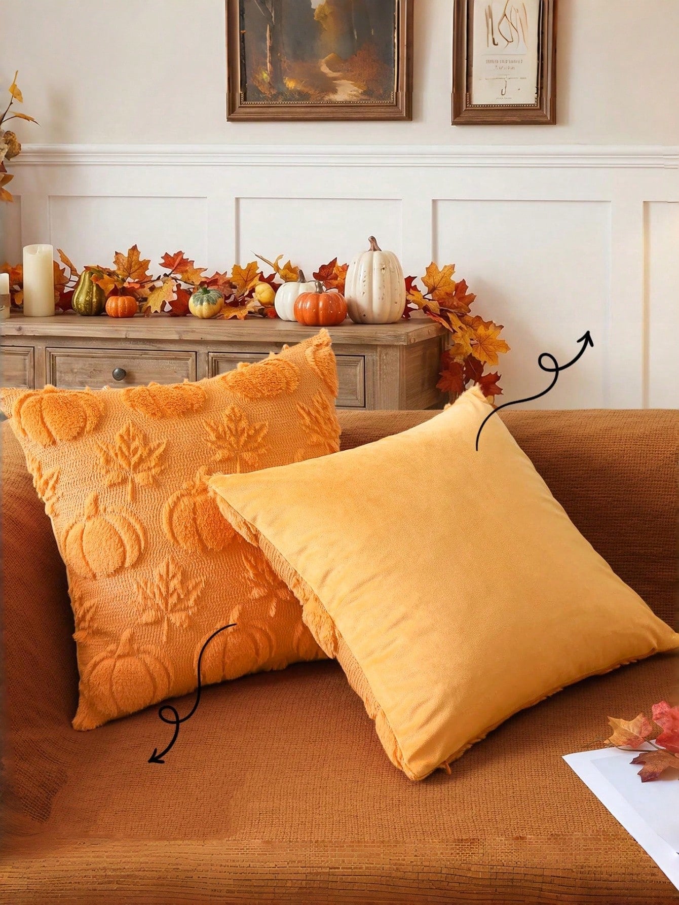 1/2pcs Autumn Pumpkin Maple Leaf Decorative Pillow Covers, 18x18 Inch Soft Faux Fur Jacquard Square Cushion Covers, Suitable For Sofa, Bedroom, Patio, Orange