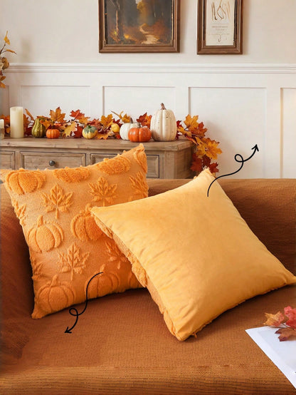1/2pcs Autumn Pumpkin Maple Leaf Decorative Pillow Covers, 18x18 Inch Soft Faux Fur Jacquard Square Cushion Covers, Suitable For Sofa, Bedroom, Patio, Orange