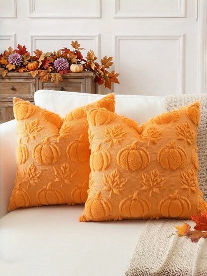1/2pcs Autumn Pumpkin Maple Leaf Decorative Pillow Covers, 18x18 Inch Soft Faux Fur Jacquard Square Cushion Covers, Suitable For Sofa, Bedroom, Patio, Orange