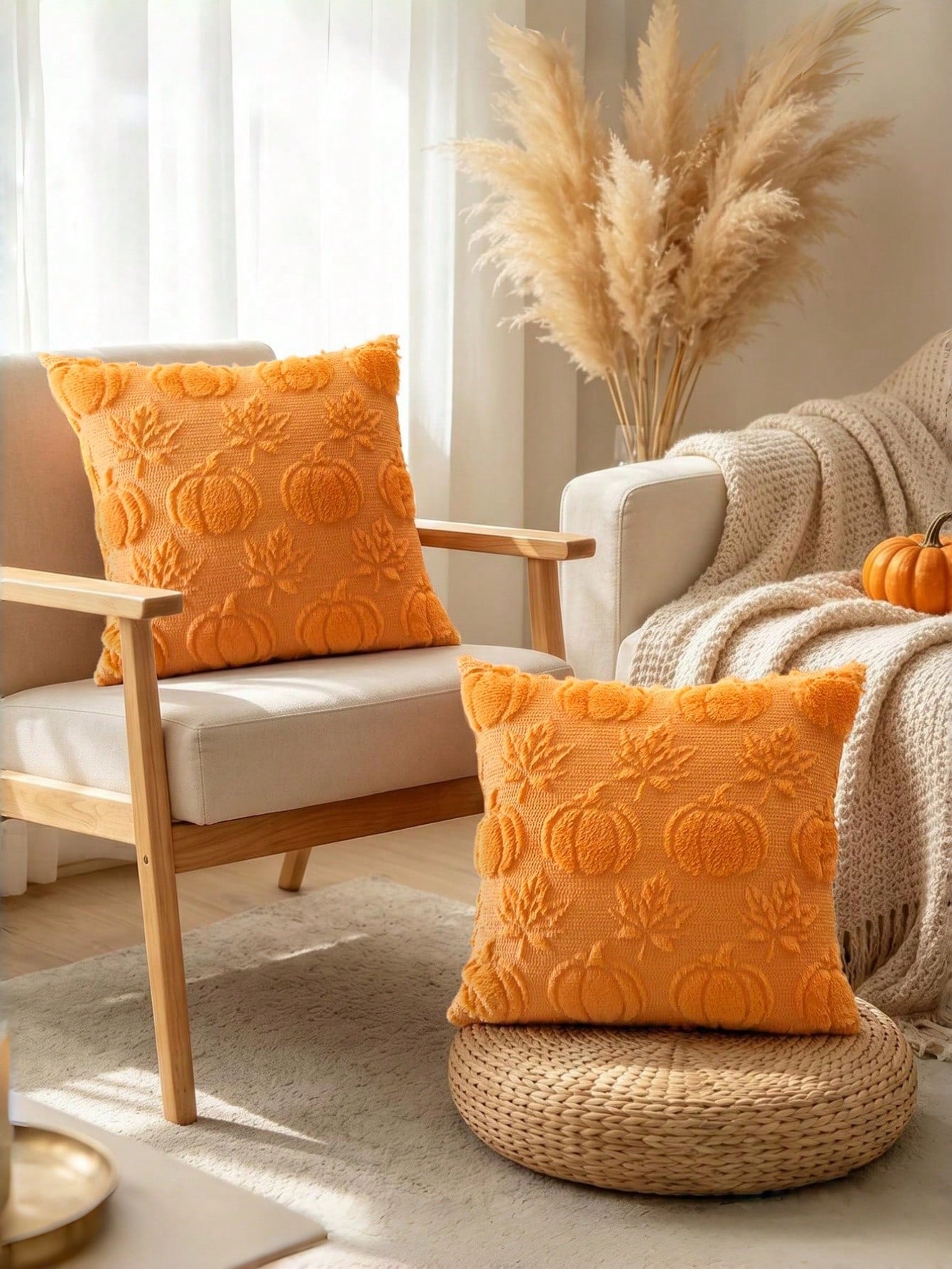1/2pcs Autumn Pumpkin Maple Leaf Decorative Pillow Covers, 18x18 Inch Soft Faux Fur Jacquard Square Cushion Covers, Suitable For Sofa, Bedroom, Patio, Orange