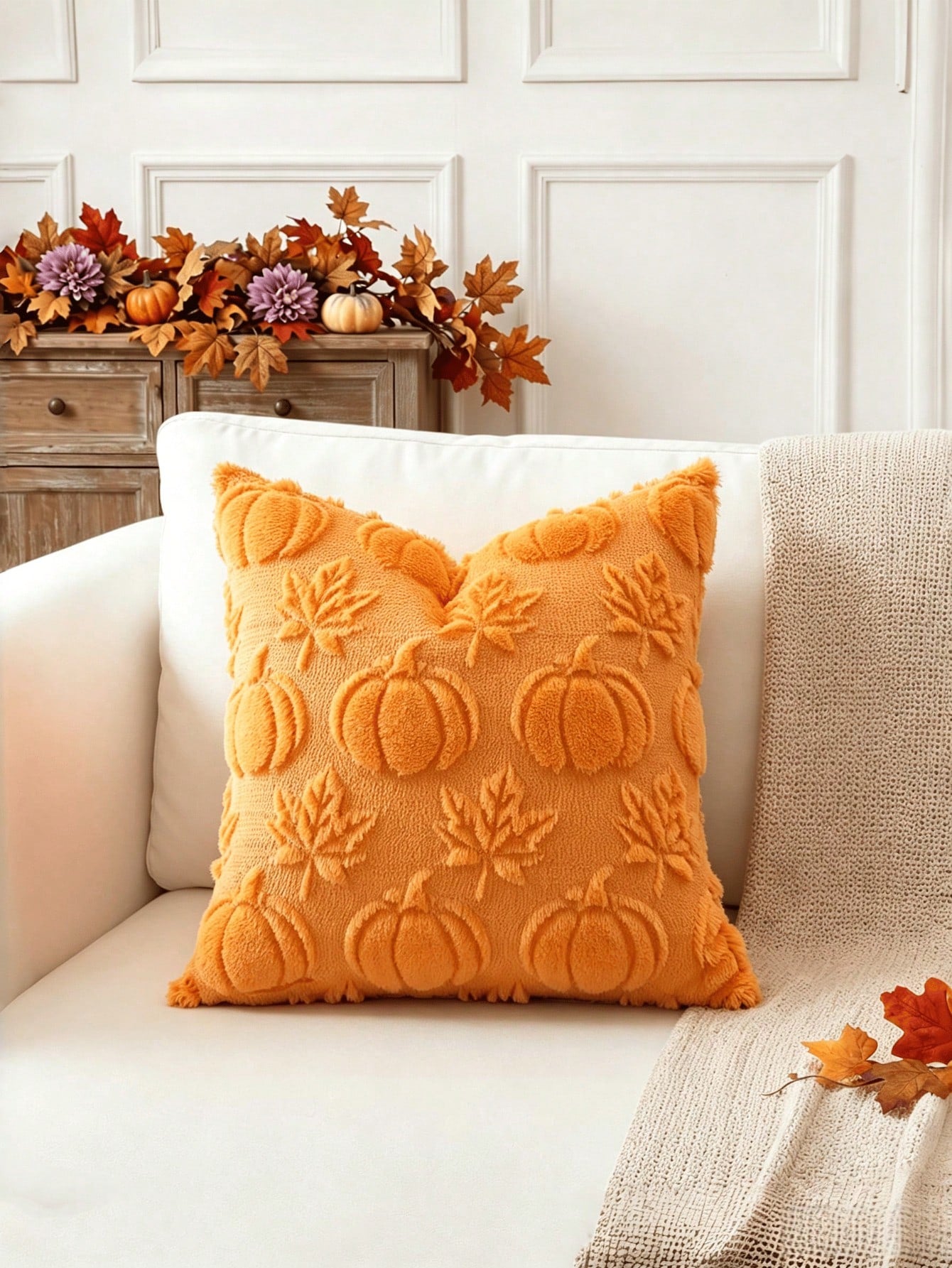 1/2pcs Autumn Pumpkin Maple Leaf Decorative Pillow Covers, 18x18 Inch Soft Faux Fur Jacquard Square Cushion Covers, Suitable For Sofa, Bedroom, Patio, Orange