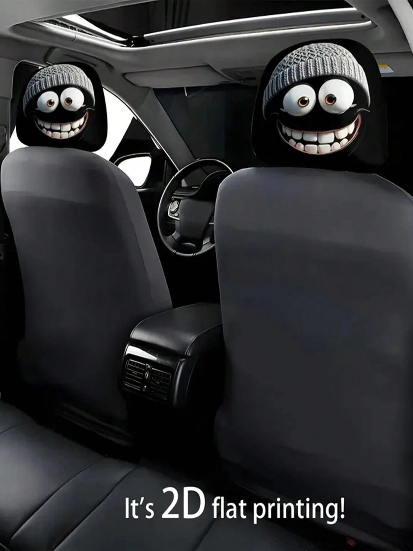 1/2pcs Car Headrest Cover, Grey Hat, Cartoonish And Funny Smiling Face Printing- No Filling, Easy To Install- Ideal Choice For Both Men's And Women's Car Interior Decoration, Perfect For Year-Round