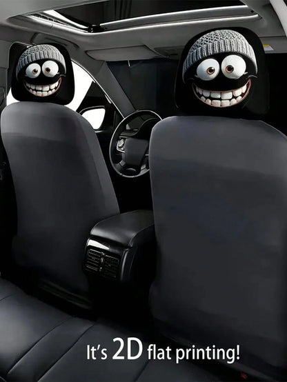 1/2pcs Car Headrest Cover, Grey Hat, Cartoonish And Funny Smiling Face Printing- No Filling, Easy To Install- Ideal Choice For Both Men's And Women's Car Interior Decoration, Perfect For Year-Round