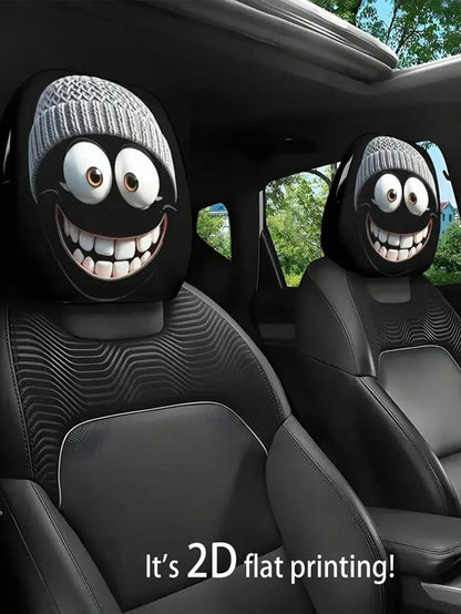 1/2pcs Car Headrest Cover, Grey Hat, Cartoonish And Funny Smiling Face Printing- No Filling, Easy To Install- Ideal Choice For Both Men's And Women's Car Interior Decoration, Perfect For Year-Round