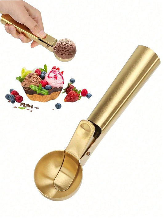 1/2pcs Golden/Silver Stainless Steel Ice Cream Scoop, Elastic Multifunctional Ice Cream Scoop, Creative Fruit Watermelon Ice Cream Scoop