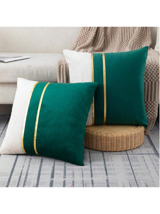1/2pcs Green & White Velvet Patchwork Gold Leather Striped Throw Pillow Cover, Square Cushion Case, Holiday Home Decor Pillow, Soft & Comfortable Fabric, Modern Decor For Sofa, Bedroom, Dorm