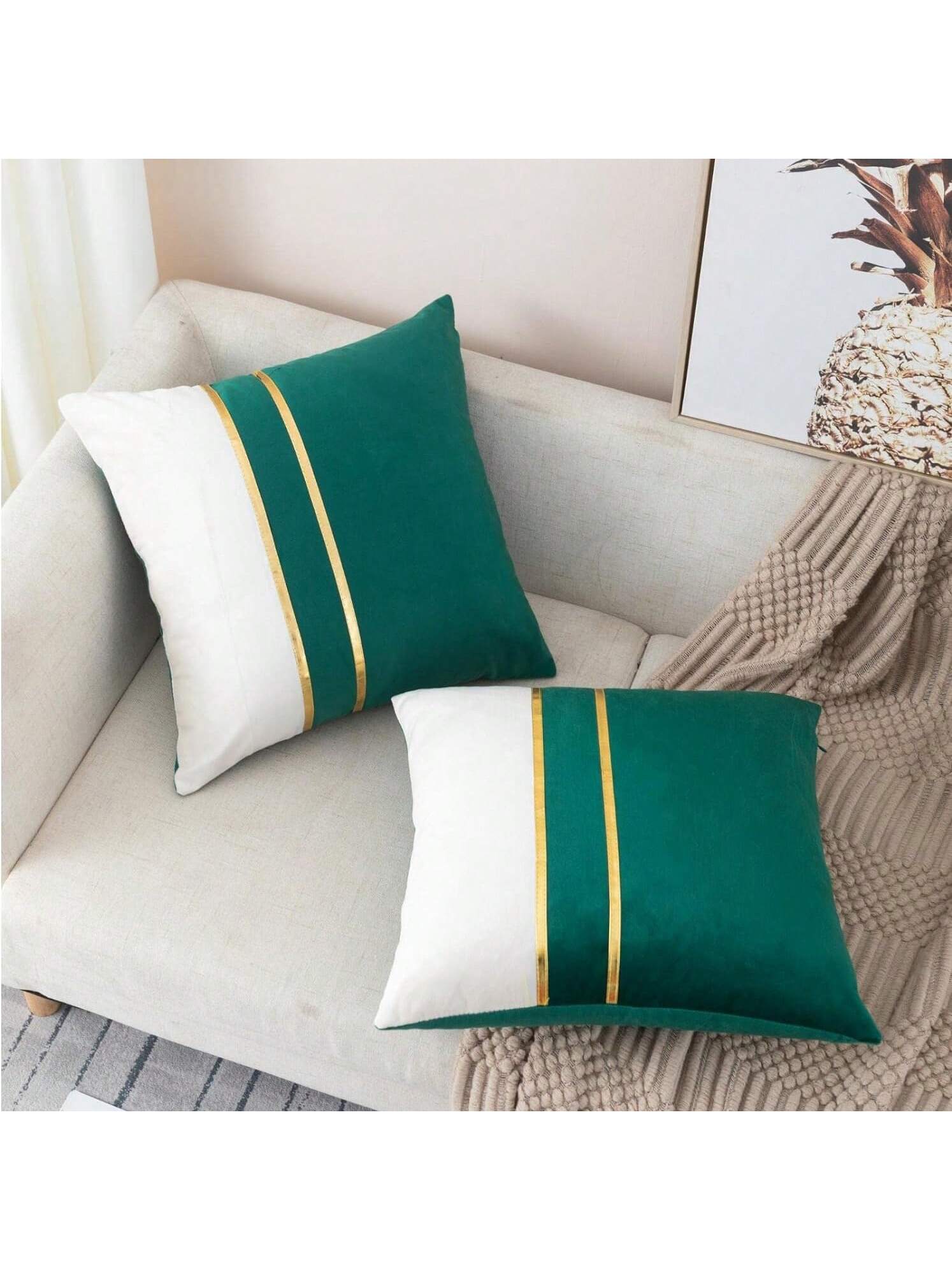 1/2pcs Green & White Velvet Patchwork Gold Leather Striped Throw Pillow Cover, Square Cushion Case, Holiday Home Decor Pillow, Soft & Comfortable Fabric, Modern Decor For Sofa, Bedroom, Dorm