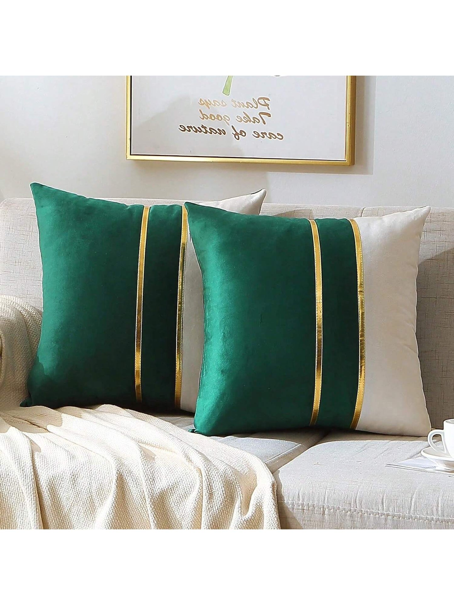 1/2pcs Green & White Velvet Patchwork Gold Leather Striped Throw Pillow Cover, Square Cushion Case, Holiday Home Decor Pillow, Soft & Comfortable Fabric, Modern Decor For Sofa, Bedroom, Dorm