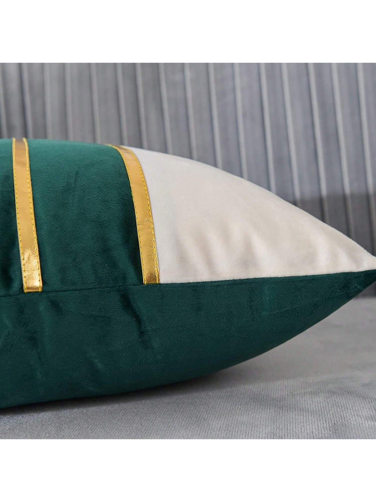 1/2pcs Green & White Velvet Patchwork Gold Leather Striped Throw Pillow Cover, Square Cushion Case, Holiday Home Decor Pillow, Soft & Comfortable Fabric, Modern Decor For Sofa, Bedroom, Dorm