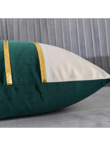 1/2pcs Green & White Velvet Patchwork Gold Leather Striped Throw Pillow Cover, Square Cushion Case, Holiday Home Decor Pillow, Soft & Comfortable Fabric, Modern Decor For Sofa, Bedroom, Dorm