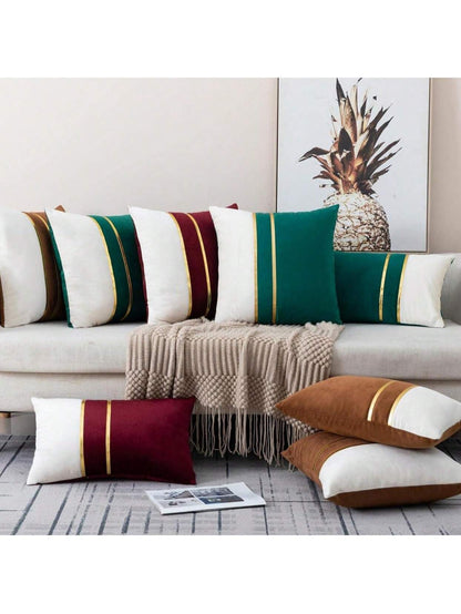 1/2pcs Green & White Velvet Patchwork Gold Leather Striped Throw Pillow Cover, Square Cushion Case, Holiday Home Decor Pillow, Soft & Comfortable Fabric, Modern Decor For Sofa, Bedroom, Dorm