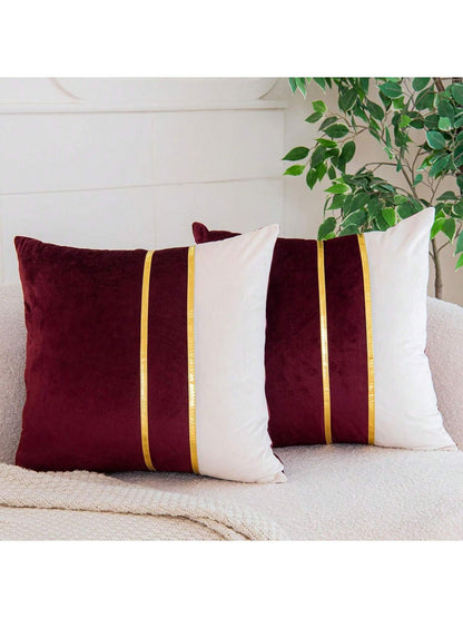 1/2pcs Green & White Velvet Patchwork Gold Leather Striped Throw Pillow Cover, Square Cushion Case, Holiday Home Decor Pillow, Soft & Comfortable Fabric, Modern Decor For Sofa, Bedroom, Dorm