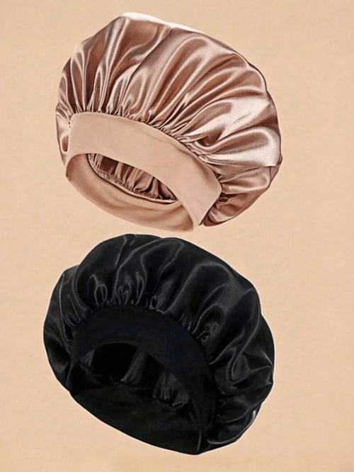 1/2pcs Mulberry Silk Sleep Cap, Soft Elastic Silk Sleep Hat, Suitable For Curly Hair Silk Hair Cover (Black & Pink)
