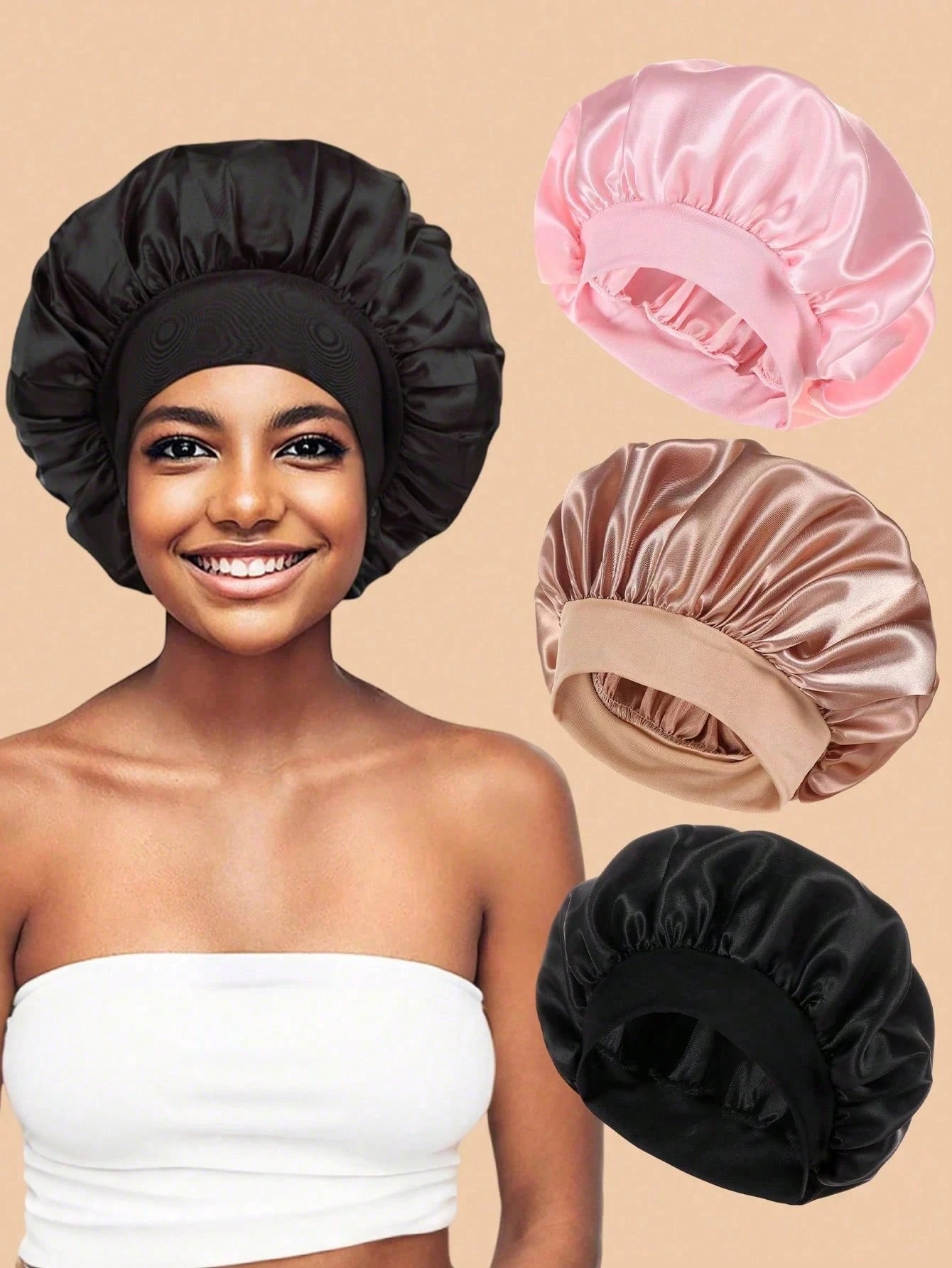 1/2pcs Mulberry Silk Sleep Cap, Soft Elastic Silk Sleep Hat, Suitable For Curly Hair Silk Hair Cover (Black & Pink)