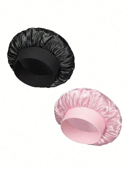 1/2pcs Mulberry Silk Sleep Cap, Soft Elastic Silk Sleep Hat, Suitable For Curly Hair Silk Hair Cover (Black & Pink)