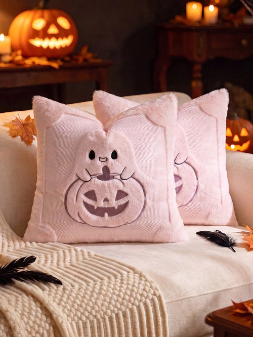 1/2pcs Pink Halloween Cute Ghost & Pumpkin Decorative Pillow Case, Front Quilted Ghost & Pumpkin, Back Dutch Velvet Fabric, Square Cushion Cover, Holiday Home Decor Pillowcase, Soft Comfortable Velvet