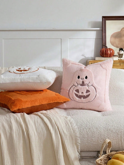 1/2pcs Pink Halloween Cute Ghost & Pumpkin Decorative Pillow Case, Front Quilted Ghost & Pumpkin, Back Dutch Velvet Fabric, Square Cushion Cover, Holiday Home Decor Pillowcase, Soft Comfortable Velvet