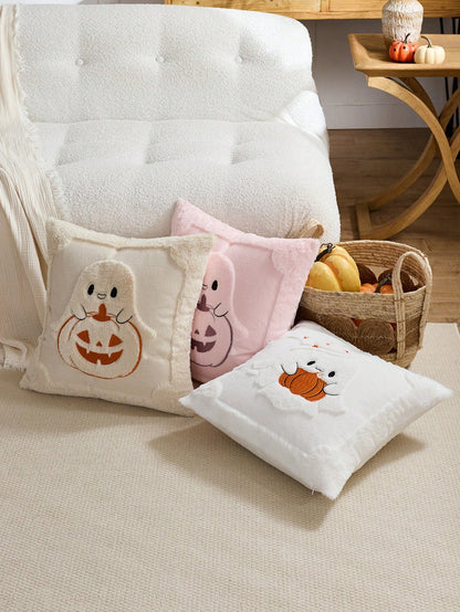1/2pcs Pink Halloween Cute Ghost & Pumpkin Decorative Pillow Case, Front Quilted Ghost & Pumpkin, Back Dutch Velvet Fabric, Square Cushion Cover, Holiday Home Decor Pillowcase, Soft Comfortable Velvet
